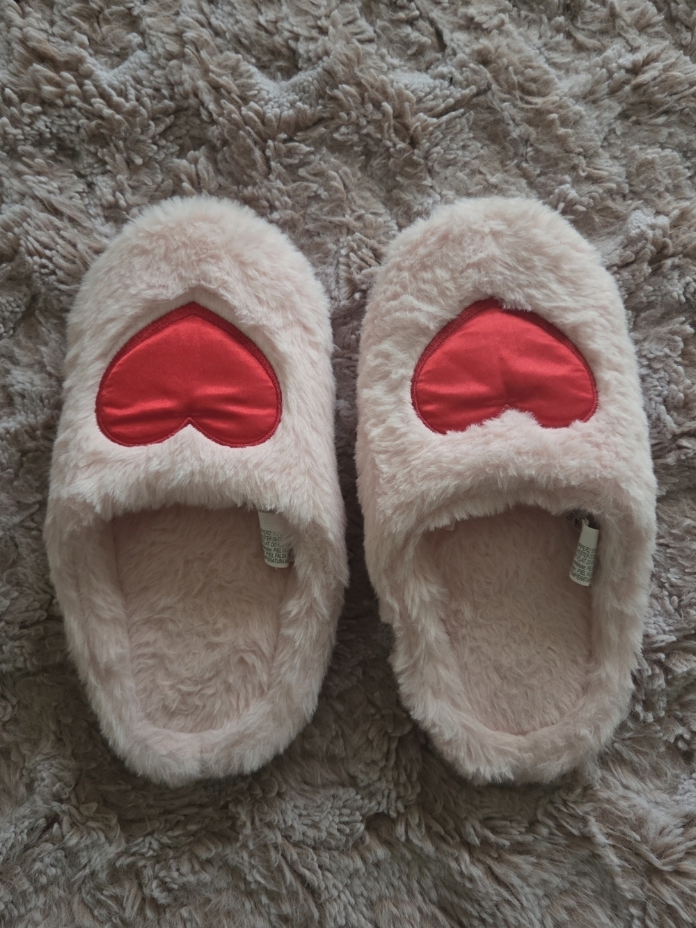 Pink Fuzzy Heart Slippers with Red Heart Accent